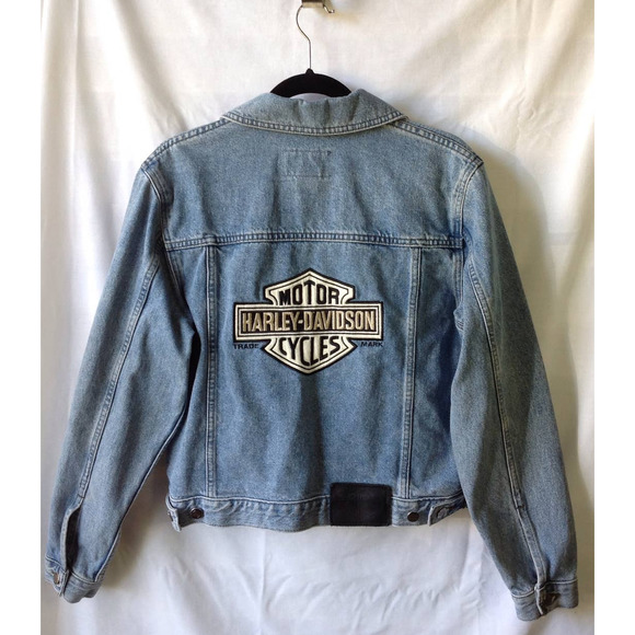 Harley-Davidson Jackets & Blazers - Harley Davidson Light Wash Denim Jacket Black and White Embroidered Logo Small